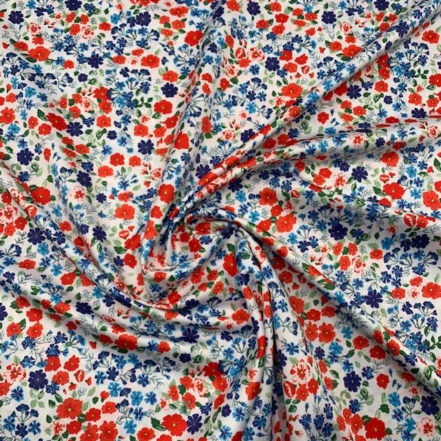 Seda Crepe - Floral - Vermelho / Azul